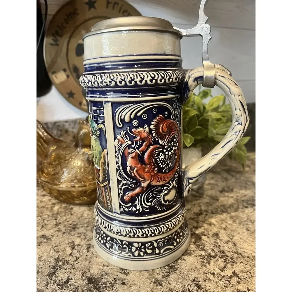 Vintage 9” Gertz German Beer Stein Mug Pewter Lid A Friendly Chat Tavern Scene